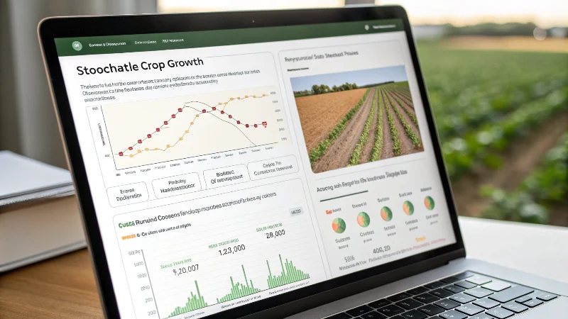 Computer screen displaying stochastic crop growth models with probability curves and yield predictions